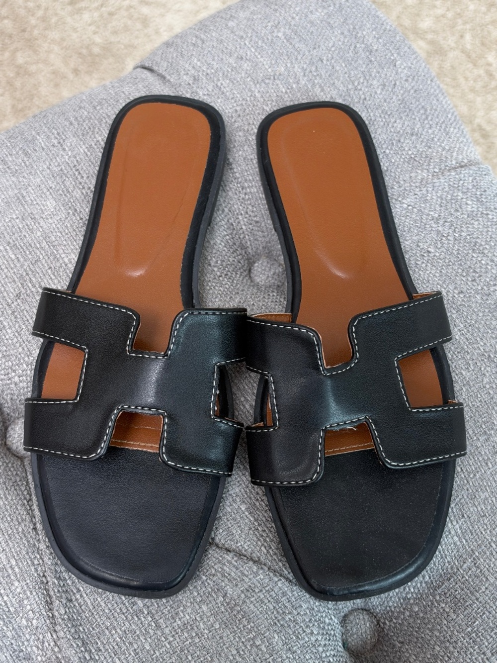 Black H Cutout Flat Slide Sandals Square Toe Cognac Footbed Size 7